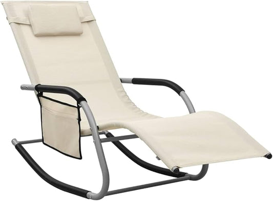 Sun Lounger Textilene Cream Gray 58.7x24.4x34.6 in Steel Frame Pool Lounge Chair Outdoor Adjustable Backrest Side Bag Detachable Pillow for Garden Patio Beach Deck