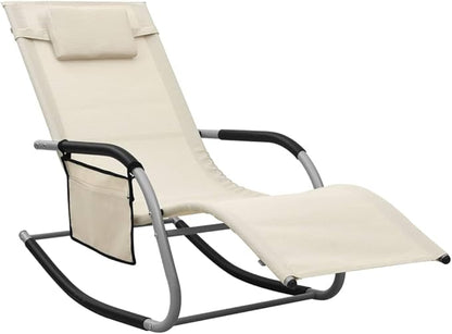 Textilene Sun Lounger Outdoor Chaise Lounge 58.7"x24.4" w/Side Bag & Cushion, Cream Gray Steel Frame Patio Poolside Recliner for Beach Backyard & Balcony