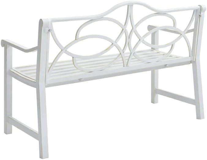 Outdoor Patio Garden Bench, Iron Metal Steel Park Bench with Backrest and Armrest, Slatted Seat for Yard Porch Balcony, Accommodates 2-3 People, White