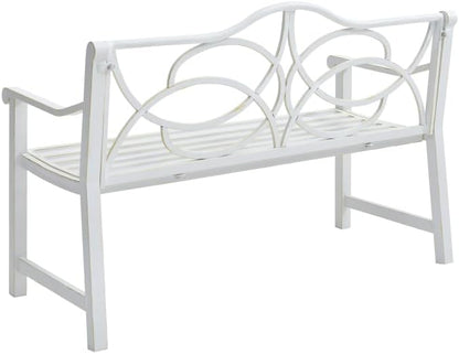 Outdoor Patio Garden Bench, Iron Metal Steel Park Bench with Backrest and Armrest, Slatted Seat for Yard Porch Balcony, Accommodates 2-3 People, White