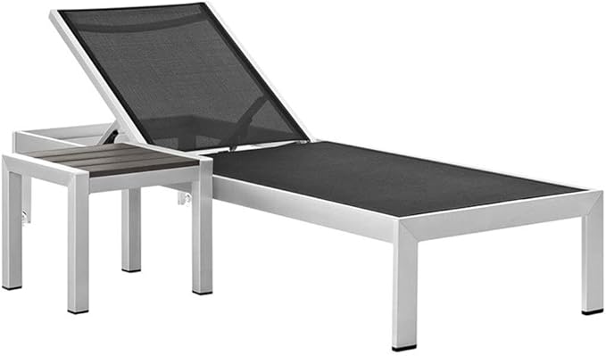 Modway Shore Aluminum Textilene® Mesh Outdoor Patio Poolside Chaise Lounge Chair and Side End Table Set in Silver Black