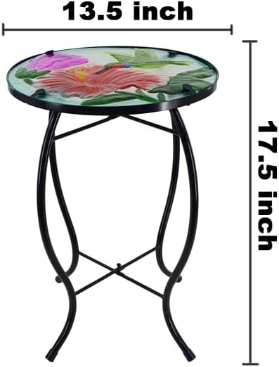 13.5 Inch Round Hummingbird Glass Side Table, Patio Small Table, Outdoor Side Table, Outdoor Bar Table, Metal Glass End Table for Porch Garden Patio Pool Living Room