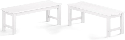 Outdoor Bench Set of 2, 2-Person Patio Backless Benches, HIPS Weatherproof Garden Bench That Never Rot and Fade, Suit for Backyard, Church, Patio, Deck and Entryway (White)