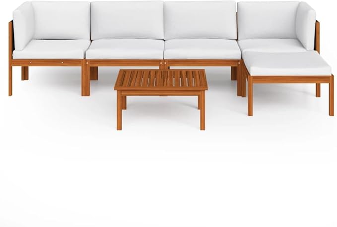 6-Piece Acacia Wood Modular Garden Lounge Set with Weather-Resistant Cushions, Corner Sofas, Coffee Table, and Footrest for Outdoor Patio Arrangement