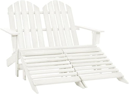 White 2-Seater Adirondack Chair with Ottoman, Ergonomic Outdoor Furniture, Durable Fir Wood Patio Seating for Garden, Balcony, and Relaxation
