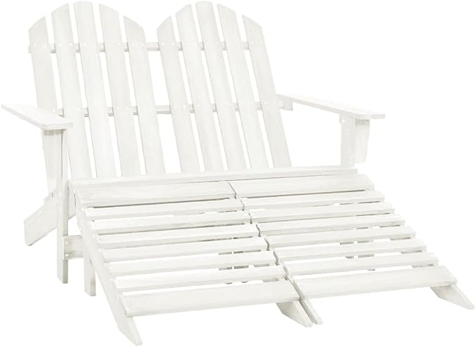 White Fir Wood 2-Seater Ergonomic Adirondack Chair with Ottoman for Outdoor Patio Garden, Durable Comfortable Lounge Furniture for Relaxation