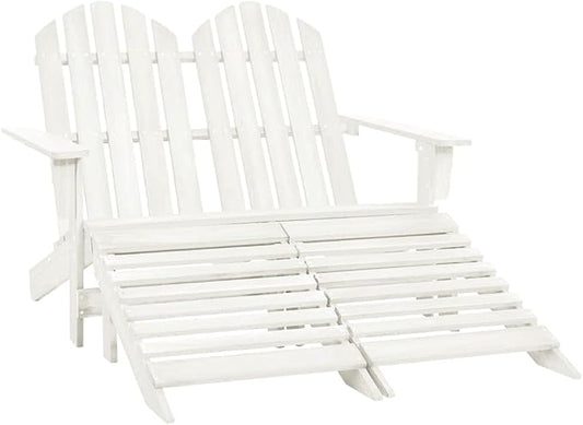 White Fir Wood 2-Seater Ergonomic Adirondack Chair with Ottoman for Outdoor Relaxation, Durable Moisture-Resistant Patio Furniture with Slanted Backrest and Easy Maintenance