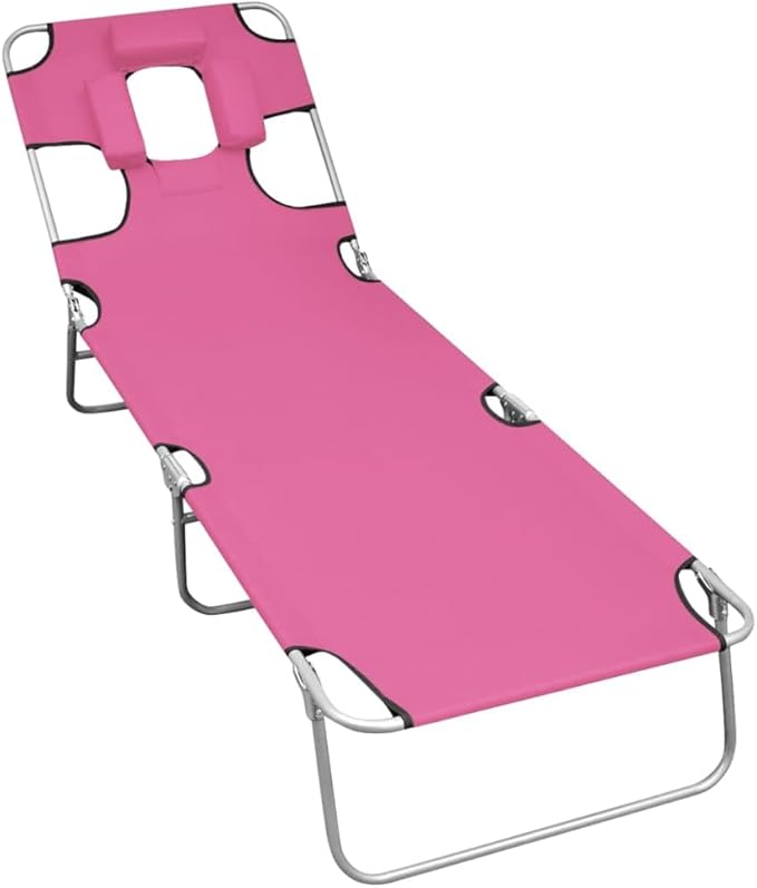 Pink Folding Sun Lounger Outdoor Chaise Lounge Chair 74.4x22.8x10.6 in Powder-Coated Steel Frame Adjustable Backrest - Photo 1