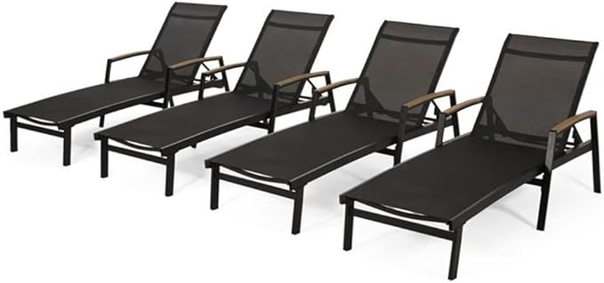Teresa Outdoor Aluminum Chaise Lounge with Mesh Seating (Set of 4), Black