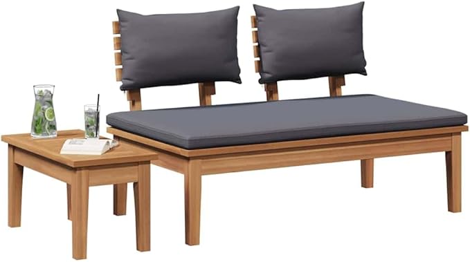 Brown Solid Teak Wood Garden Bench Set 2 pcs Modern Outdoor Furniture for Patio Terrace with Rustic Farmhouse Style Durable Weather-Resistant Assembly Required