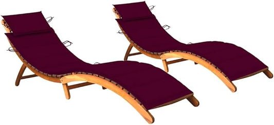 Sun Lounger Natural Wood, Wine Red Solid Acacia Wood, Polyester Patio Chaise Lounge Garden Sun Lounger for Yard Poolside