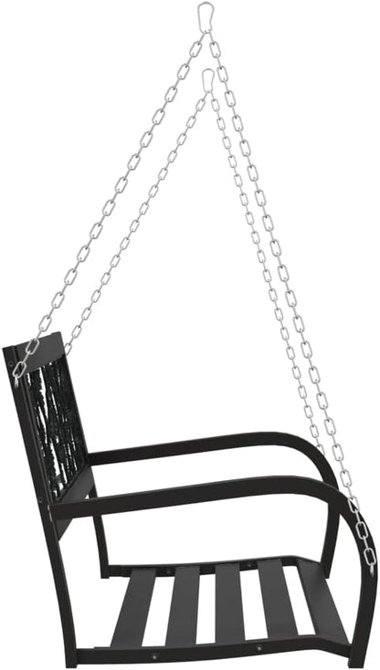 Garden Swing Bench Black Steel and Plastic, 2-Person Outdoor Seating with Floral Rose Patterned Backrest, Weatherproof Patio Furniture for Front Porch