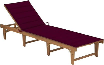 Folding Acacia Wood Chaise Lounge, 79"x24", Adjustable Backrest, Wine-Red Cushion, Outdoor Recliner for Patio, Pool, Garden