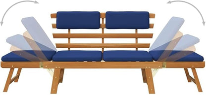 2-in-1 Convertible Garden Bench Outdoor Lounge Chair Blue Solid Acacia Wood 75 in for Patio Garden Balcony Comfortable Seating
