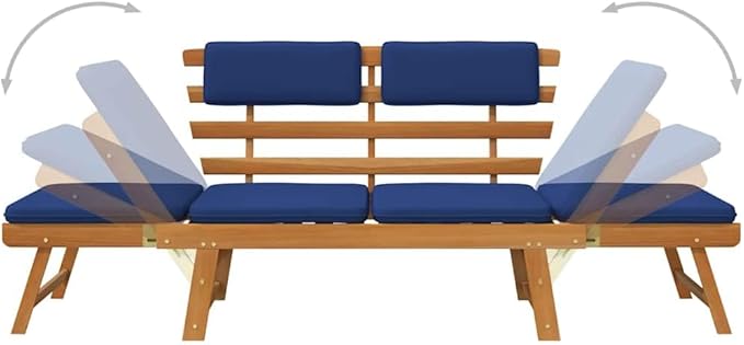Convertible Garden Bench with Cushions, Outdoor Daybed, Acacia Wood Patio Furniture, Grey Wash Finish Brown and Blue - Photo 6