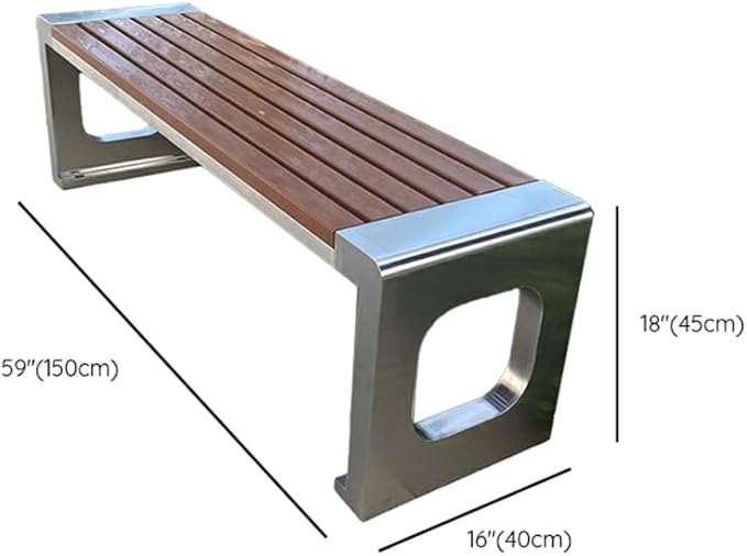 LITFAD Outdoor Indoor Bench Stainless Steel Metal Park Bench with Waterproof Brown Wood Seating Modern Garden Bench for Patio, Lawn, Yard, Porch - Type E 59" L x 16" W x 18" H