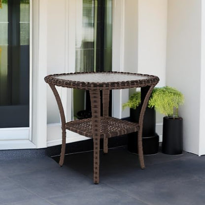 Outsunny Rattan Coffee Table with Storage Shelf, Wicker Side Table with Glass Top, Outdoor End Table for Garden, Porch, Backyard, Mix Brown