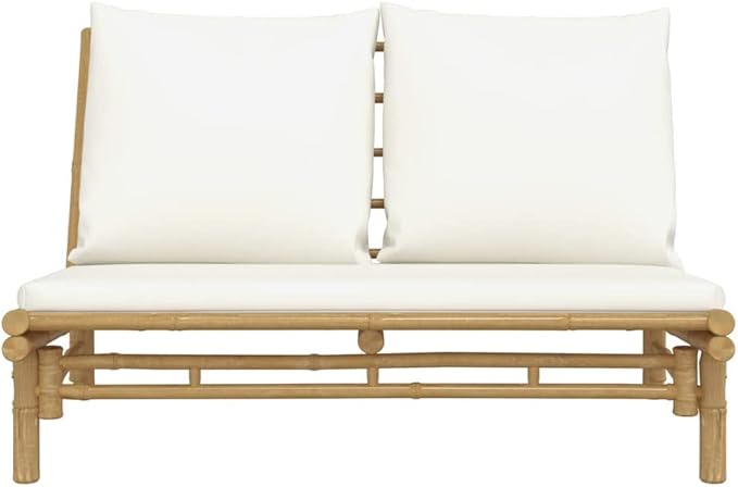 Natural Bamboo Garden Bench with Cream White Cushions, Durable Polyester Seat and Back Cushions for Outdoor Patio - Photo 4