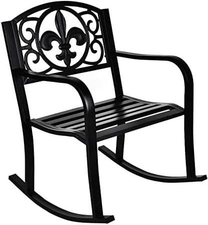 Outdoor Patio Rocking Chair, Metal Rocking seat for for Deck, Backyard or Garden w/Scroll Design (Black)