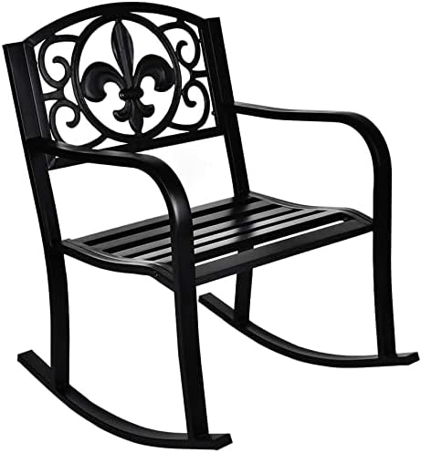 Outdoor Patio Rocking Chair, Metal Rocking seat for for Deck, Backyard or Garden w/Scroll Design (Black)