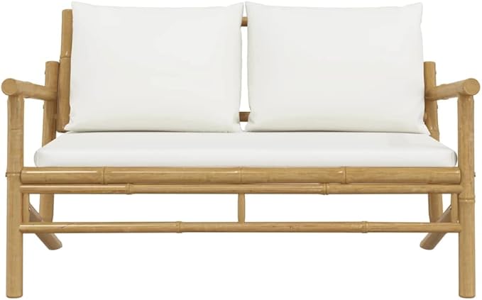 2-Seat Bamboo Patio Loveseat Outdoor Couch with Cream Cushions 29.5 x 45.3 in Rustic Balcony Seating Lightweight Garden - Photo 3