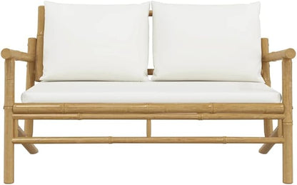 Cream White Bamboo Garden Bench with Cushions, Natural Bamboo Outdoor Furniture for Patio and Balcony, Comfortable Seating for Two Adults, Easy to Move and Clean