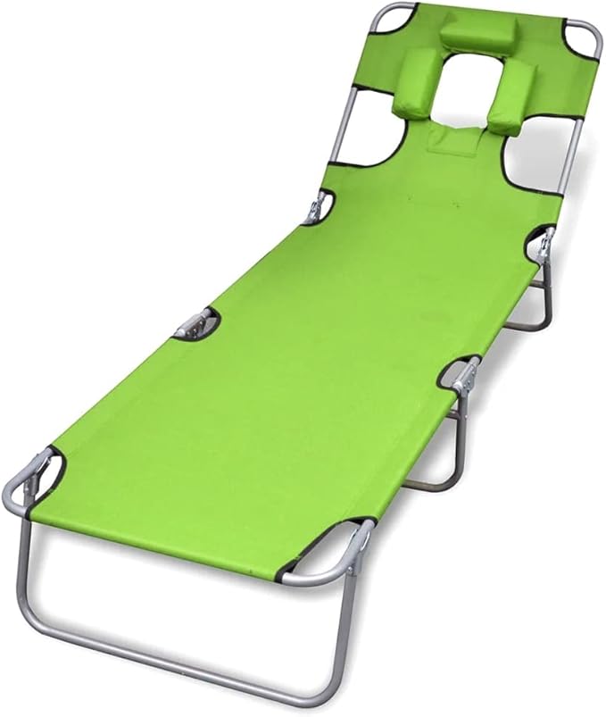 Folding Green Sun Lounger 74.4"x22.8"x10.6" Steel Chaise, Adjustable Tanning Chair w/Head Cushion, UV Fabric - Photo 1
