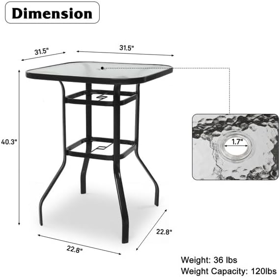 Outdoor Bar Table with Umbrella Hole, End Table with Glass Top, Patio Coffee Bistro Table for Indoor Garden Porch Balcony (Black, Square 31x31x40in)