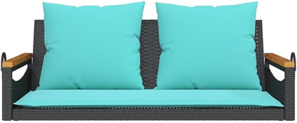 Patio Swing Bench Black and Blue for Two with Removable Cushions, Durable Poly Rattan Outdoor Seating Modern Design for Patio Balcony Garden