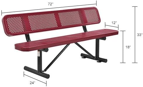 Global Industrial 6'L Heavy Duty Outdoor Steel Picnic Bench with Backrest, Perforated Metal, Portable Outdoor Bench, 1000 lbs Capacity, Red, 72" L x 24" W x 33" H