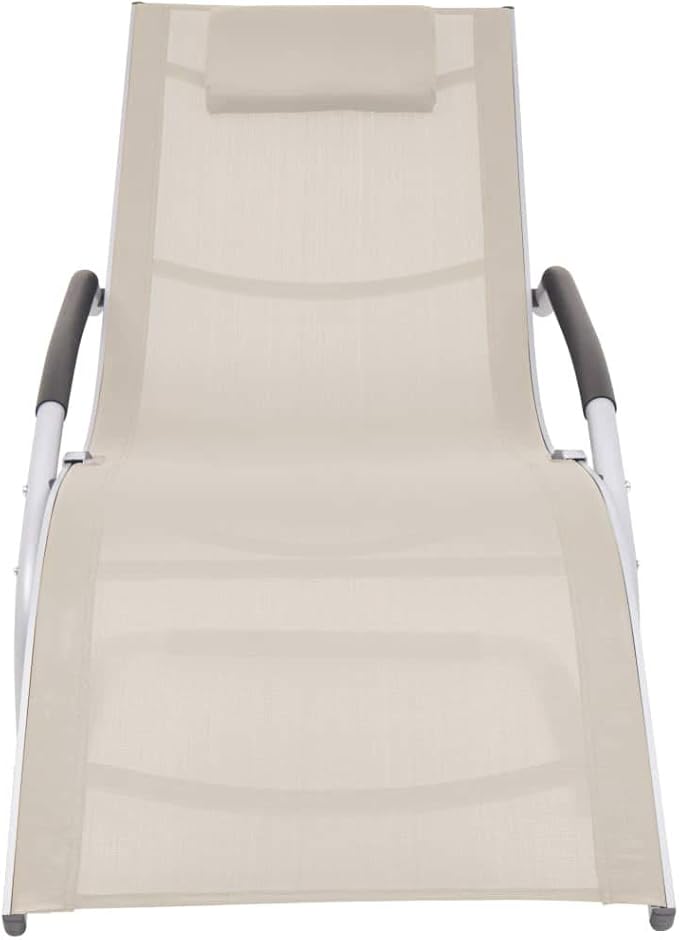 Outdoor Chaise Lounge Cream Crescent 59.8 x 24.4 in Textilene Sun Lounger with Adjustable Pillow, Lightweight Aluminum Frame Reclining Patio Chair for Garden, Poolside, Balcony Use