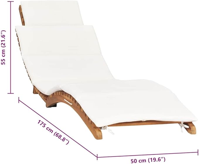 Folding Sun Lounger with Cushion, Adjustable Teak Wood Outdoor Chaise Lounge for Patio Garden Poolside, Cream White Weatherproof Foldable Recliner