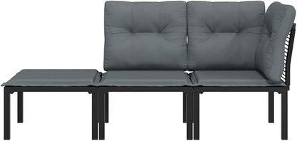 3-Piece Outdoor Sectional Couch Set in UV-Resistant Black Poly Rattan, Modular Patio Sofa with Grey Cushions 21.7 x 21.7 x 13.6 in for Garden, Balcony, Porch & Campfire Lounge