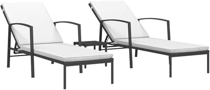 vidaXL Sun Loungers 2 pcs with Table - Adjustable Backrest, Comfortable Sun Lounger Set for Outdoor Relaxation - Poly Rattan, Powder-Coated Steel Frame, Cream White Cushions