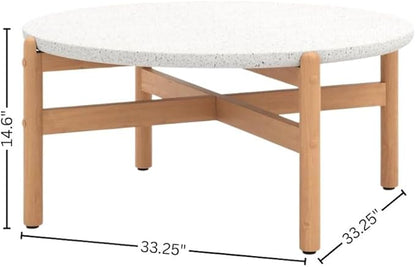 Round Outdoor Coffee Table in Brown Acacia Wood, Circle Coffee Table with Durable Terrazzo Top for Patio and Garden Lounge Settings