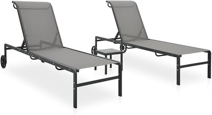 Adjustable Grey Textilene Steel Outdoor Chaise Lounge Set 28.7 x 82.1 x 15 in for Patio Poolside Garden Balcony
