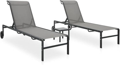 Adjustable Grey Textilene Steel Outdoor Chaise Lounge Set 28.7 x 82.1 x 15 in for Patio Poolside Garden Balcony