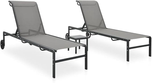 Adjustable Grey Textilene Steel Outdoor Chaise Lounge Set 28.7 x 82.1 x 15 in for Patio Poolside Garden Balcony