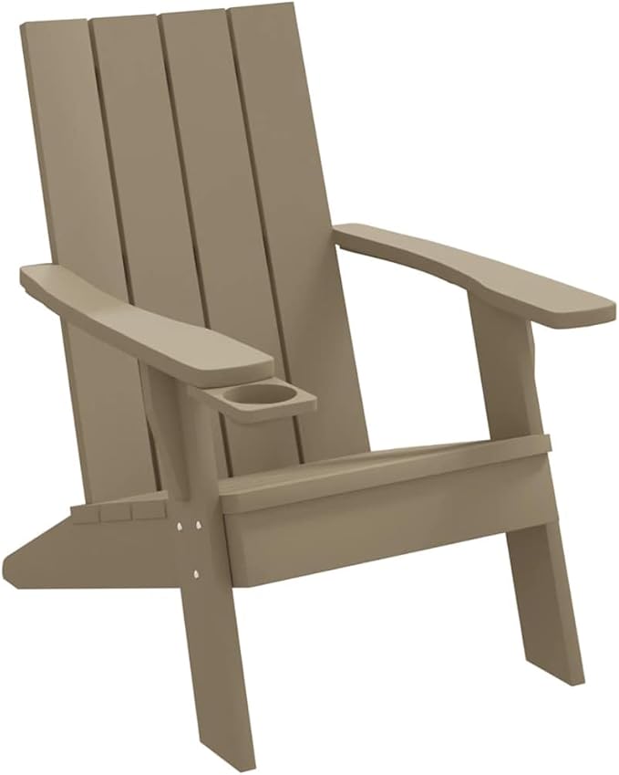 Light Brown Adirondack Chair Foldable Outdoor Furniture with Cup Holder Ergonomic Design Polypropylene Material Water Resistant