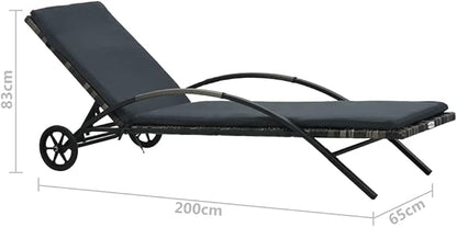 Sun Lounger with Cushion & Wheels Poly Rattan Anthracite,Outdoor Chaise Lounge Chair for Beach, Sunbathing, Patio, Pool, Lawn, Deck, Lay Flat Portable Lightweight