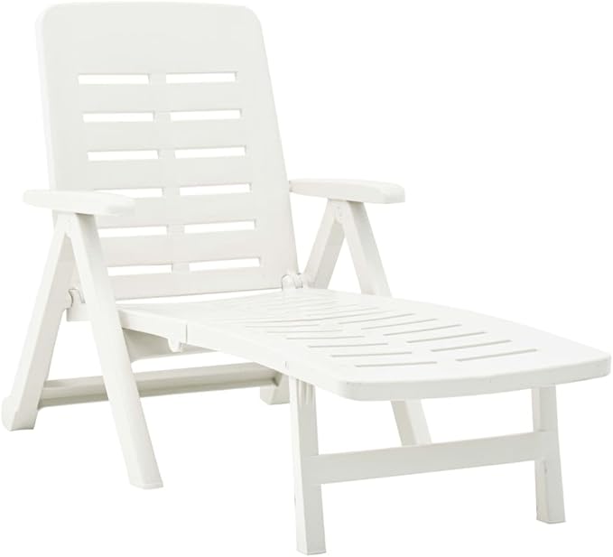 White Folding Outdoor Chaise Lounge, 74.4"x28.3"x37.8" UV-Resistant Plastic Sunlounger, Adjustable Backrest for Patio, Poolside, Beach, Garden, No Assembly Needed
