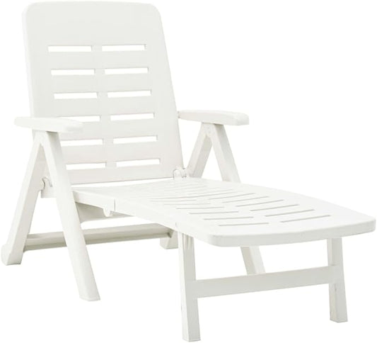 White Folding Outdoor Chaise Lounge, 74.4"x28.3"x37.8" UV-Resistant Plastic Sunlounger, Adjustable Backrest for Patio, Poolside, Beach, Garden, No Assembly Needed