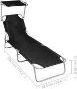 Black Folding Sunlounger w/Adjustable Canopy, 74.2"x22.6" Aluminum Chaise 265lb for Beach Pool Patio Garden - Photo 2