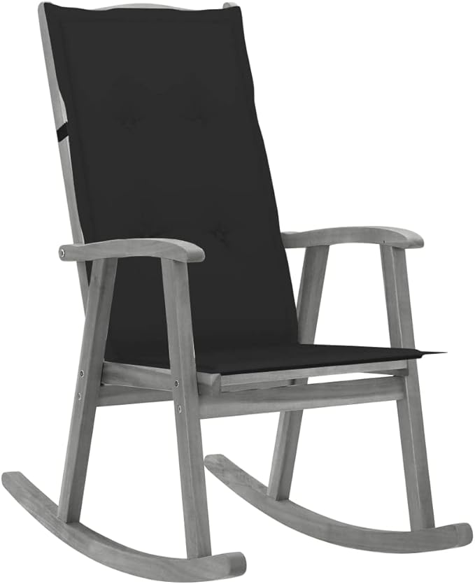 Outdoor Rocking Chair, Solid Acacia Wood Porch Rocker with Comfortable Cushions, Grey Wash Finish, Vintage Style Patio Furniture for Garden, Backyard, and Living Room
