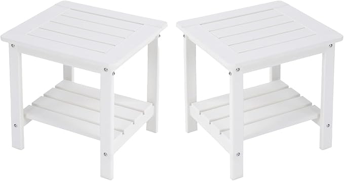 Kibaso-Adirondack Outdoor Side Table, 2-Tier HDPE Outdoor End Table, Weather Resistant Easy Maintenance, Small Patio Side Table for Patio, Pool, Porch, Garden, Lawn, and Living Room (2, White)