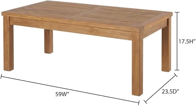 Brown Teak Wood Outdoor Coffee Table, Durable Weather-Resistant Teak, 59W X 23.5D X 17.5H Inches, Patio and Garden Decor