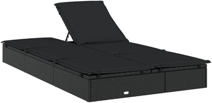 Outdoor Chaise Lounge Sunbed with Adjustable Armrests Black PE Rattan 2-Person Poolside Garden Furniture for Tanning Lounging
