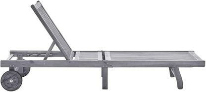Grey Outdoor Chaise Lounge 78.7 in Solid Acacia Wood Frame with 4-Position Reclining Backrest & Wheels for Patio, Poolside, Beach Sunbathing