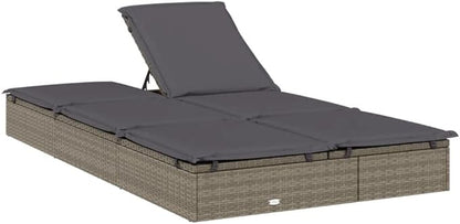 2-Person Grey PE Rattan Outdoor Chaise Lounge with 79.1 x 43.3 in Surface, Powder-Coated Steel Frame, Adjustable Backrest & Cushions for Garden, Poolside, Patio