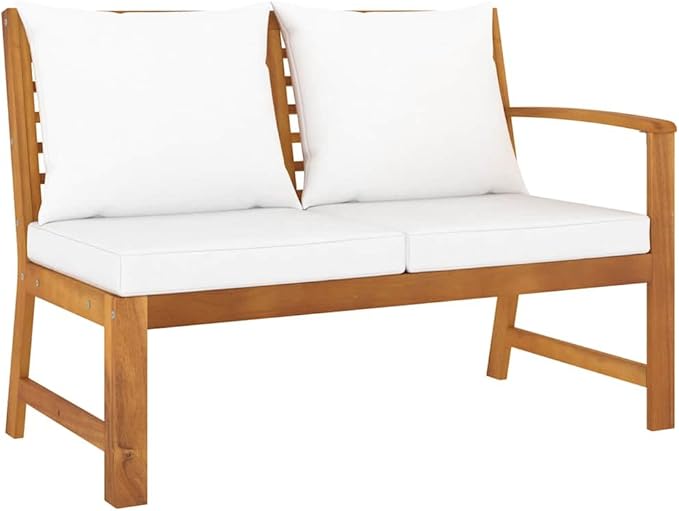 Garden Bench Natural Wood, Cream Cushions, Solid Acacia, Oiled Finish - Photo 1